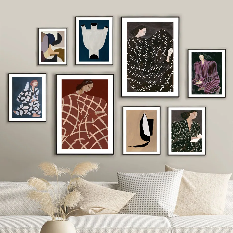

Wall Art Canvas Painting Abstract Curve Lines Geometry Girl Read Nordic Posters And Prints Wall Pictures For Living Room Decor