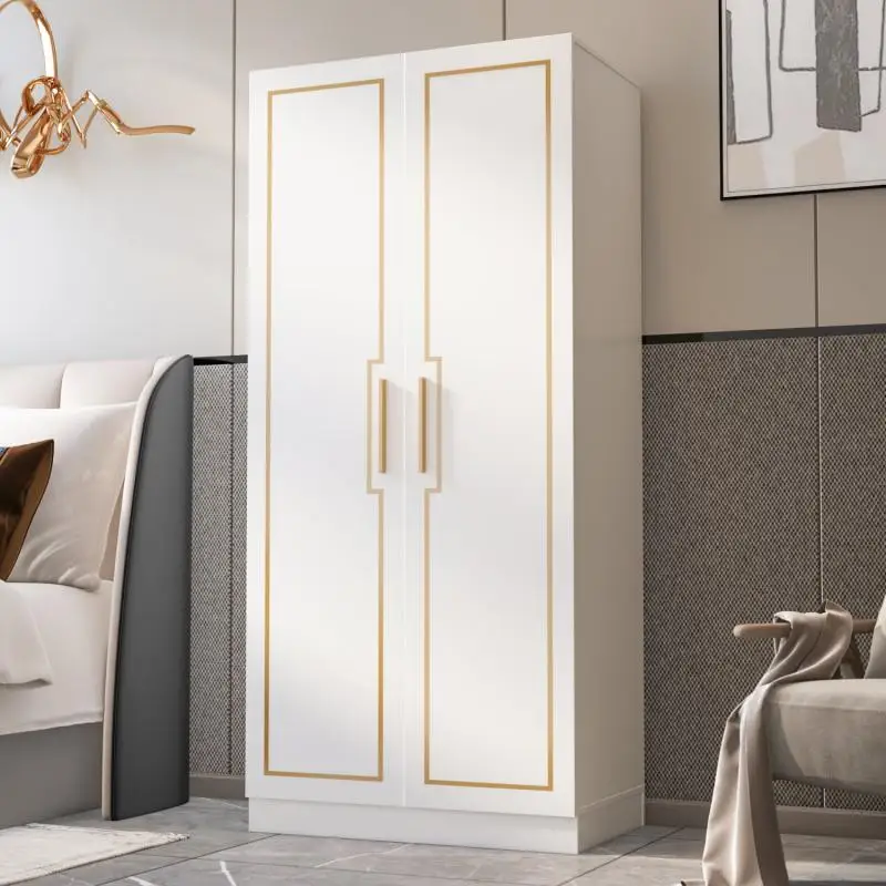 

2 Door Wardrobe Armorie Cabinet with Shelves and Hanging Rod White-Gold