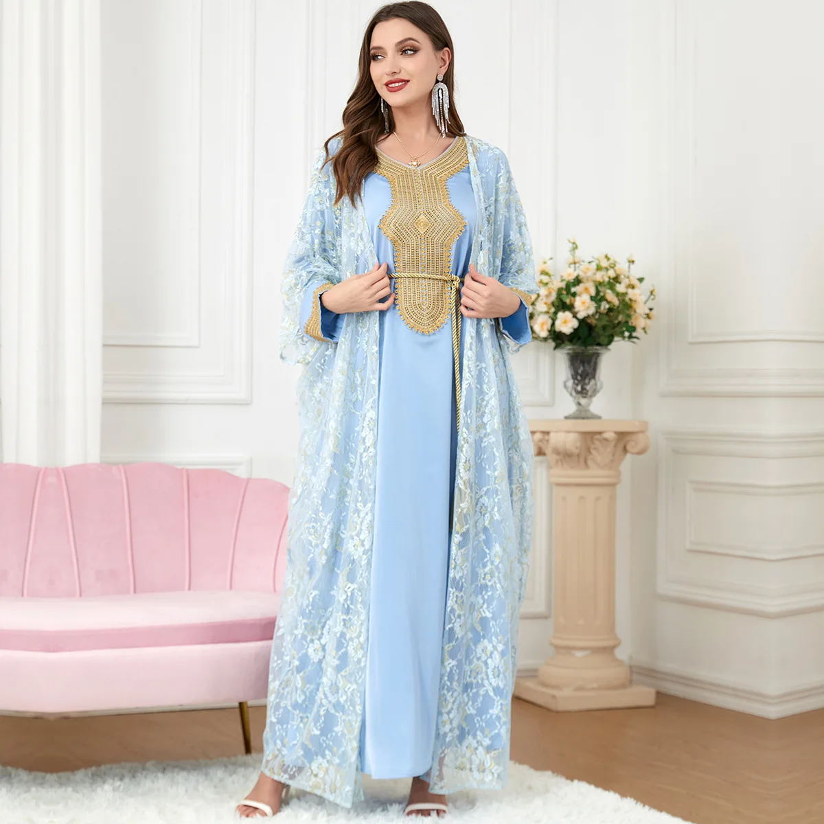 Turkey Muslim Sets Women 2 Piece Abaya Set Ladies Stain Lace Hook Flower Cardigan Abayas Belted Kaftan Dress Dubai Turkey Arabic