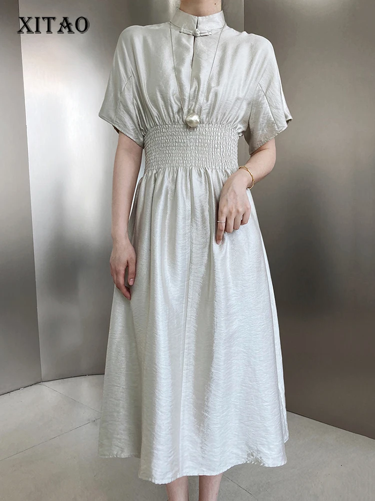 

XITAO Fashion Temperament Vintage Dress Solid Color Stand Collar Folds Elasticity Shrink Waist Women Solid Color New ZY6891