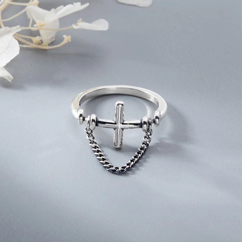 

Trendy Vintage Silver Fine Jewelry Personality Cross Chain Tassel Lines Arrow Opening Rings for Women Girls Daily Accessories