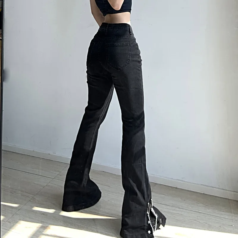 Metal Chain Streetwear Straight Leg Jeans Pants for Women Ladies Casual Black Loose Fit Denim Trousers Fashion Button Split