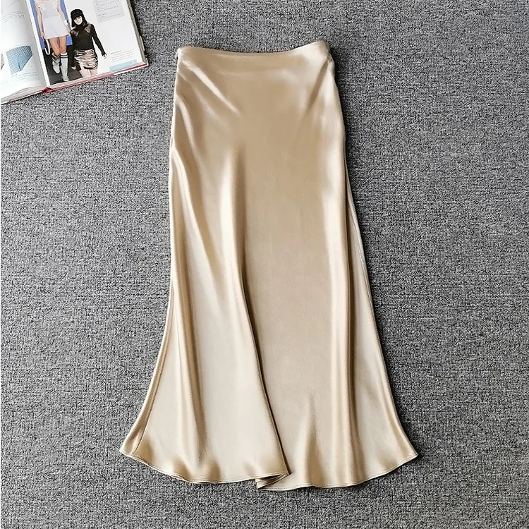 

Knee-length Satin Skirt Fishtail Silk Skirt High Waist Silky Hip Skirt Slim Flounce Pearl Heavy Triacetate Silk Slip Pendant OL