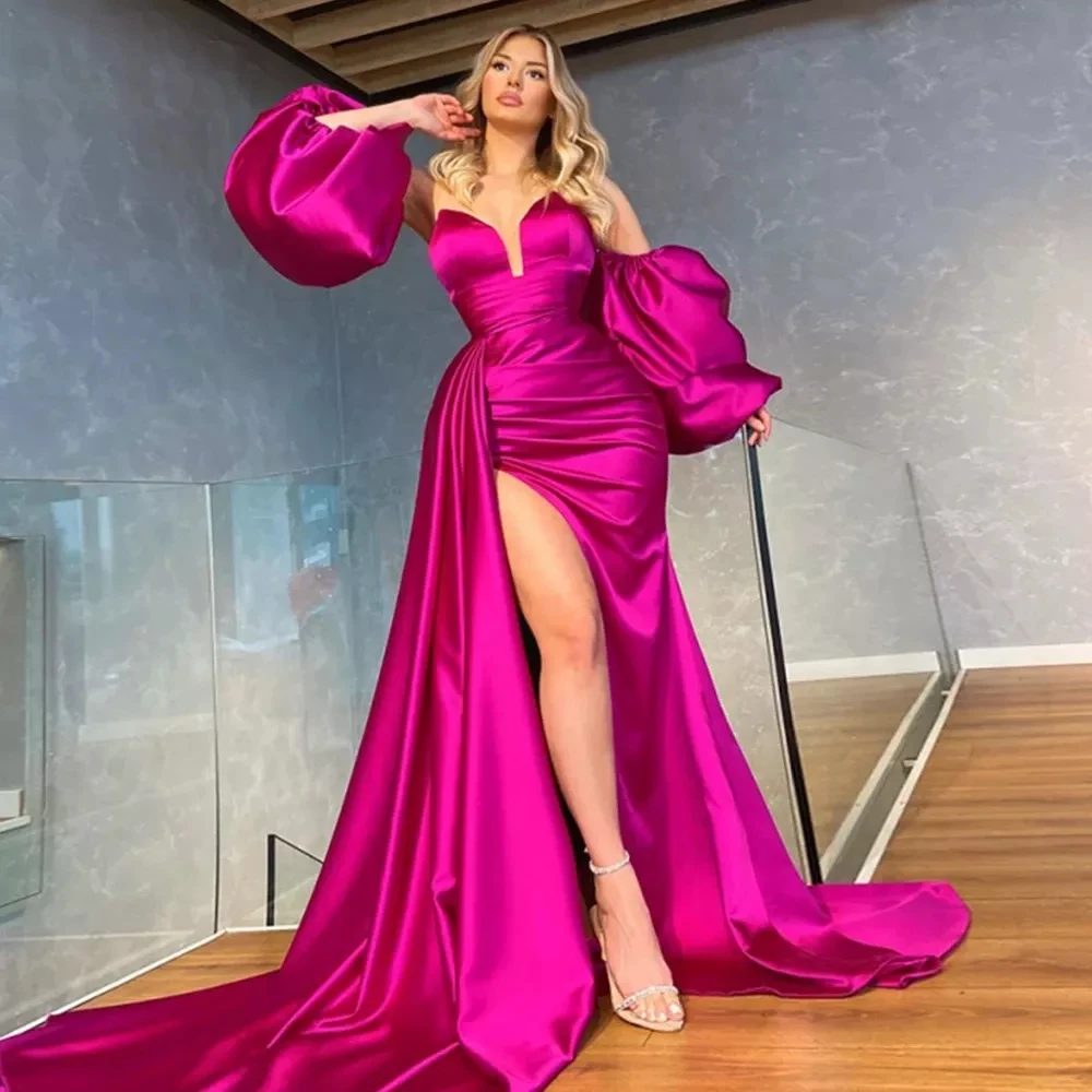 

LAYOUT NICEB Rose Red Mermaid Evening Dresses Long 2022 Sweetheart Puff Sleeves Celebrity robes de soirée For Women Split Gowns