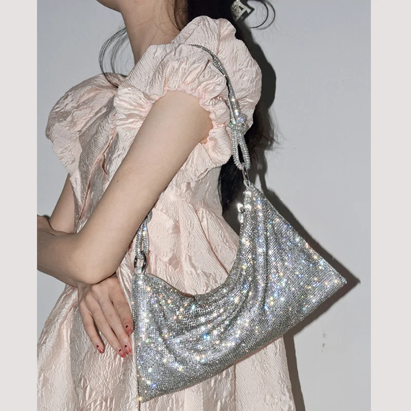 

Handle Rhinestones Crystal Evening Clutch Bag silver Shiny Dinner Party Wedding Purses and Handbag Luxury Designer Shoulder Bag