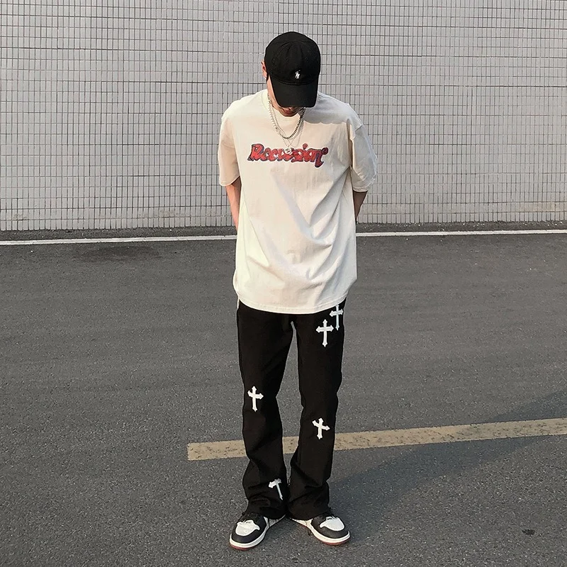 

High Street Loose Casual Pants Men's Embroidered Cross Flare Pants Jeans for Men Men Jeans Denim Jeans for Men