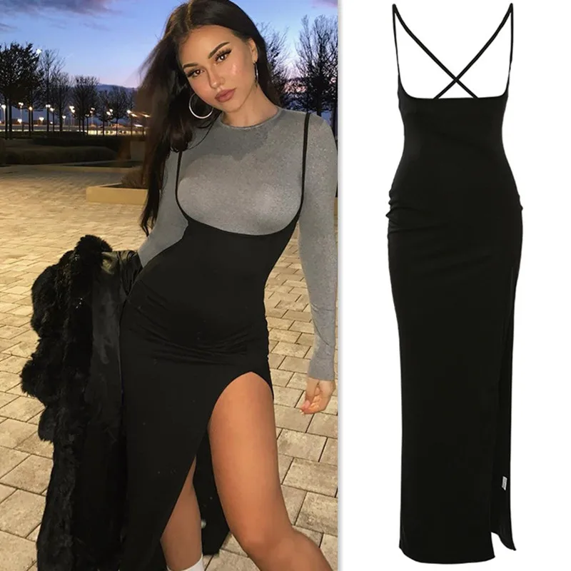 

Sexy Black High Waisted A Line Suspender Dress 2022 Women's Spring Summer Sexy Backless Women High Split Long Maxi Skirt Dress