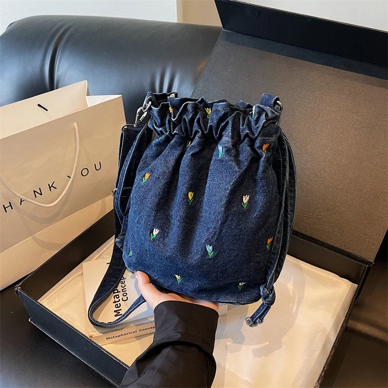 Джинсовое ведро модные сумки через плечо 2024 горячая распродажа швейная нить