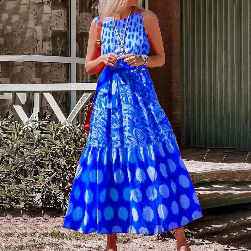

Blue Polka Dot Print Women Dress Casual Bohemian Beach Party A-line Long Dress 2022 Summer Sleeveless O-Neck Maxi Dress Vestidos