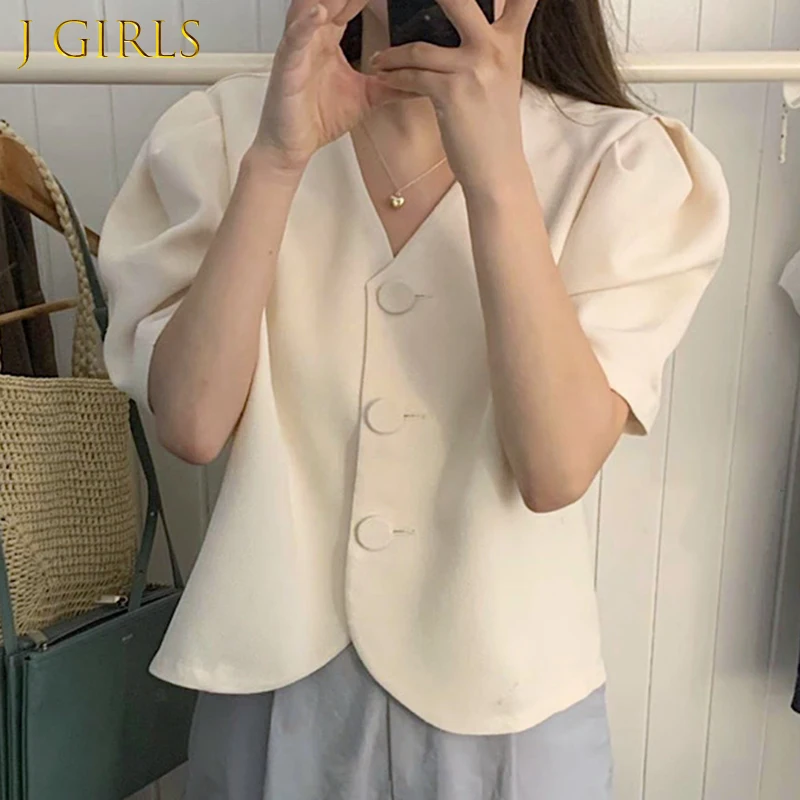 

J GIRLS Women Shirt 2021 Summer Korean Chic Female Gentle Creamy White Thin V-Neck Three-Button Loose Puff Sleeve Short Blouses