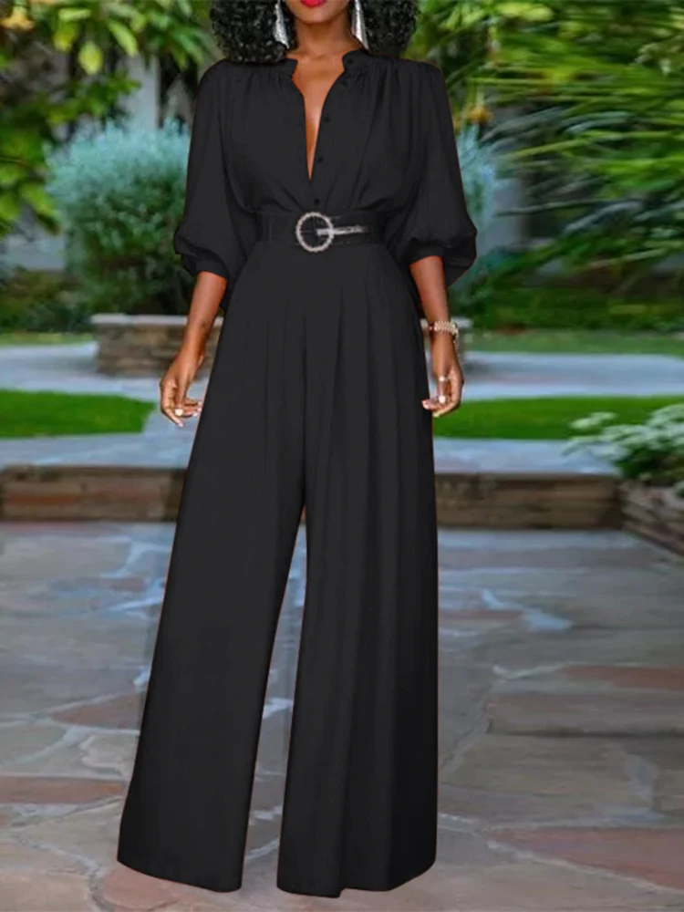 

2023 Celmia Women Long Jumpsuits Fashion Casual 3/4 Puff Sleeve Rompers Pleated Buttons Wide Leg Pants Loose Elegant Overalls
