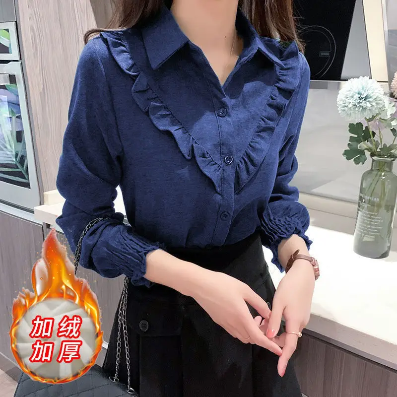 

Plush / No Plush Autumn Winter New Corduroy Fungus Long Sleeved Shirt Women Thickened Warm Bottomed Shirt Women