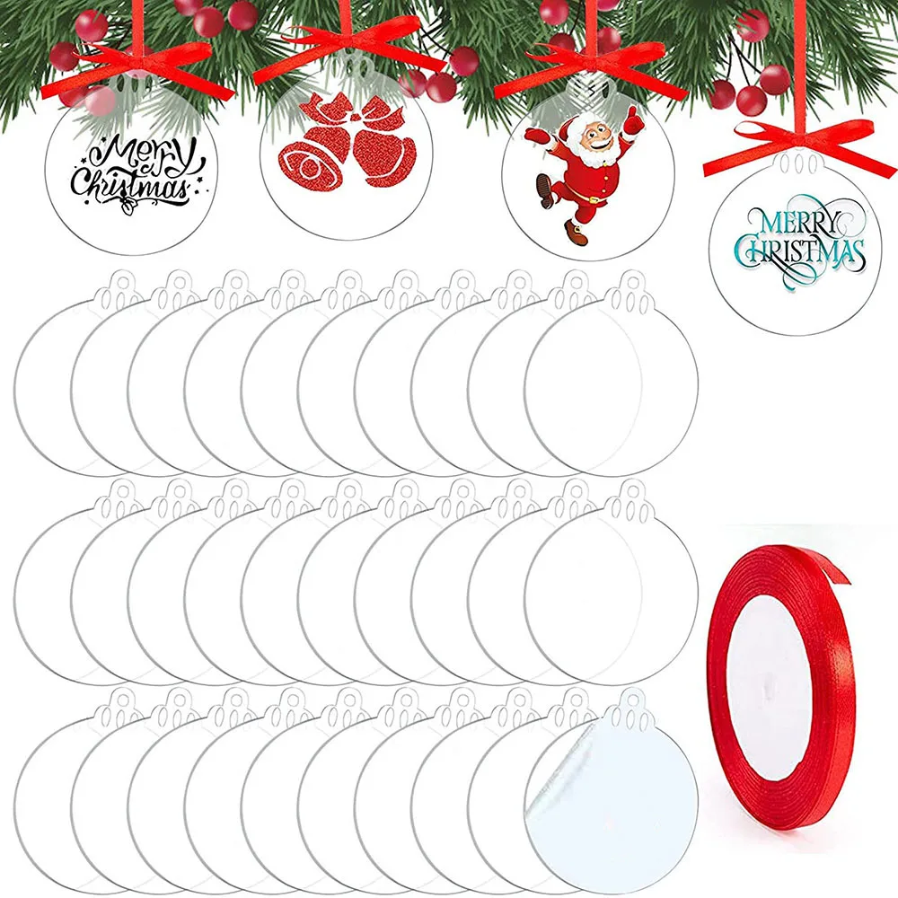

30Pcs/Set Clear Acrylic Christmas Ornaments Blank Round Acrylic Christmas Hanging Ornaments Christmas Tree Tags With Ribbon