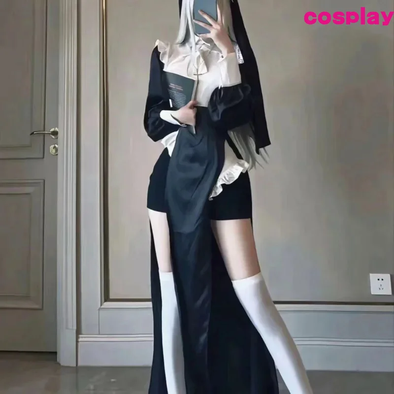 Vibrastar сестра косплей сексуальное платье монахини с высоким разрезом боди