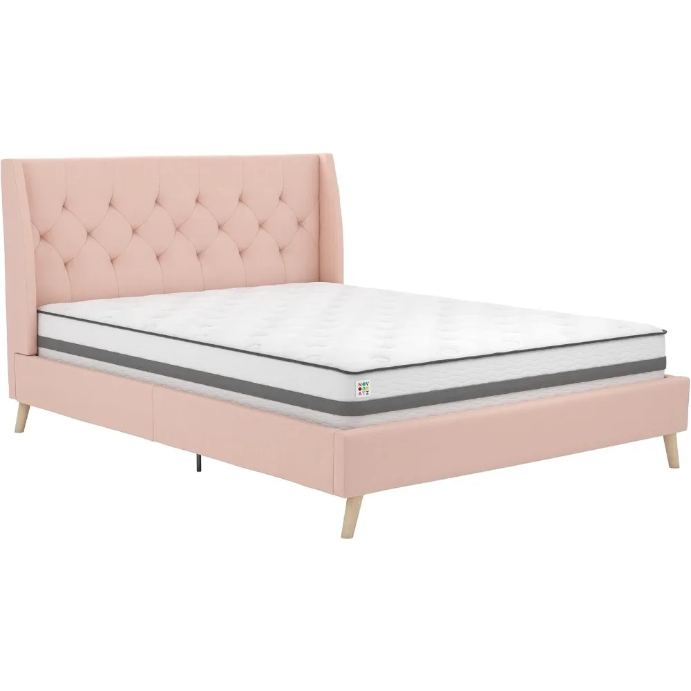 

Novogratz Her Majesty Upholstered Linen Bed, Tufted Wingback Design and Wooden Legs, Bedroom Furniture, Bed Frame