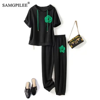 2 Piece Sets Womens Outfits 2022 Summer Three-dimensional Flower Contrast Color Hooded Space Cotton Sweater Trousers Suit 4XL 1
