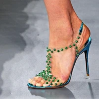 stylish clear pvc women sandals green rivets t strap high heel shoes open toe ankle strap spikes dress shoes celebrating