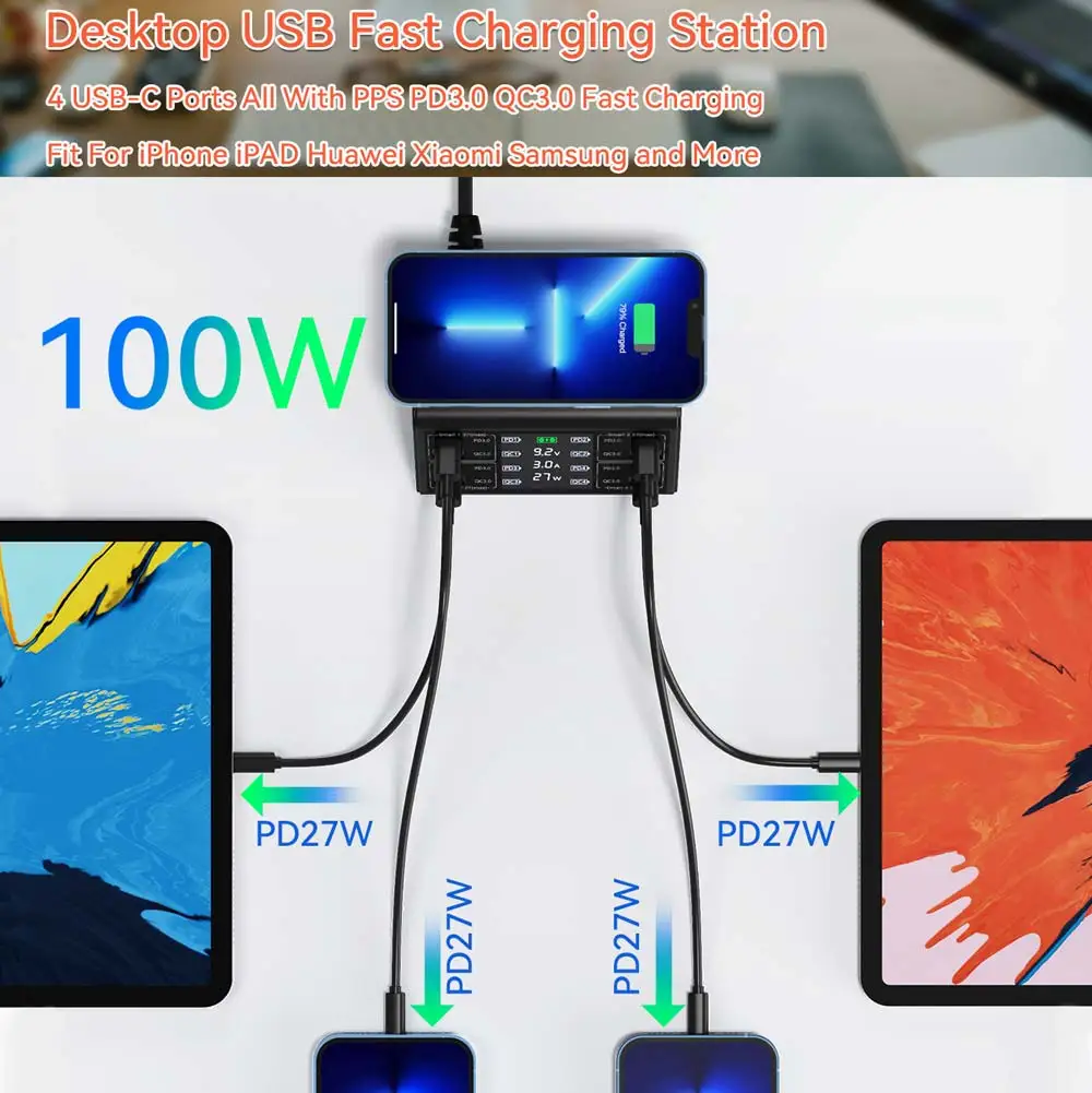 100w 8 port usb charger pd qc3 0 usb c fast phone charger qi wireless charger charging station for iphone 13 12 xiaomi samsung free global shipping