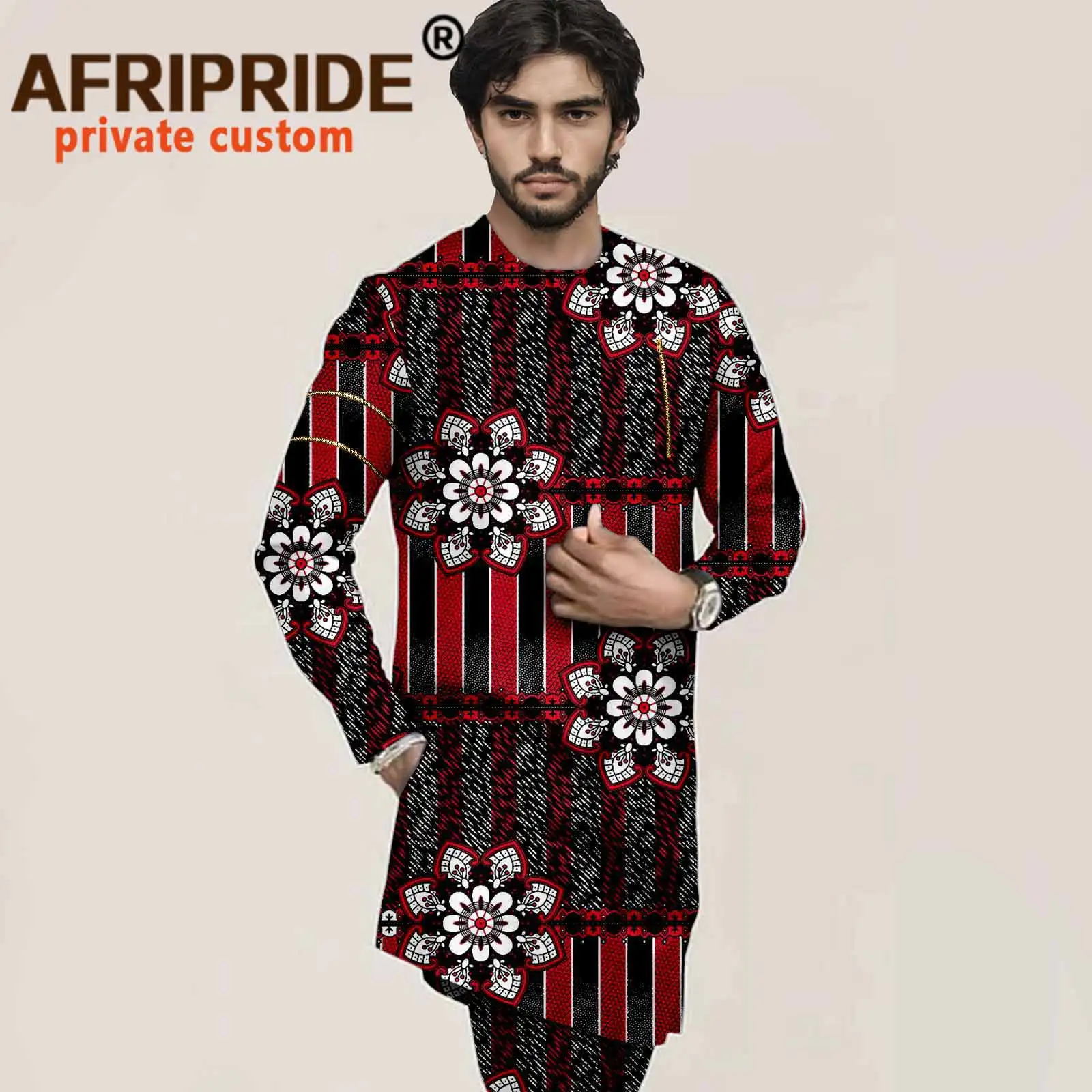African Suit for Men Print Coats and Ankara Pants 2 Piece Set Bazin Riche Outfits Pure Cotton Plus Size Clothes Casual A2116001