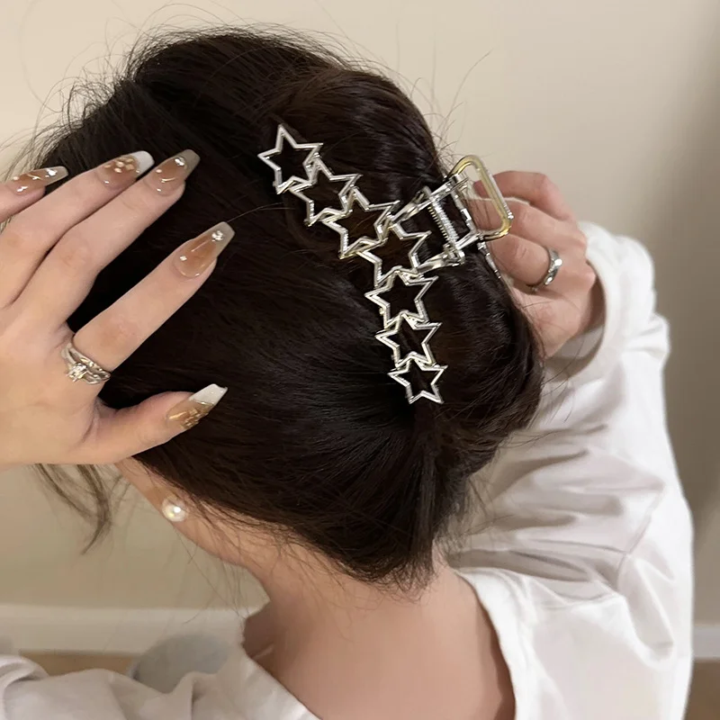 

Женские заколки для волос в стиле Харадзюку, серебряные заколки для волос с полыми звездами, кольцами, сердечками и пентаграммой, Y2K, модные аксессуары для волос
