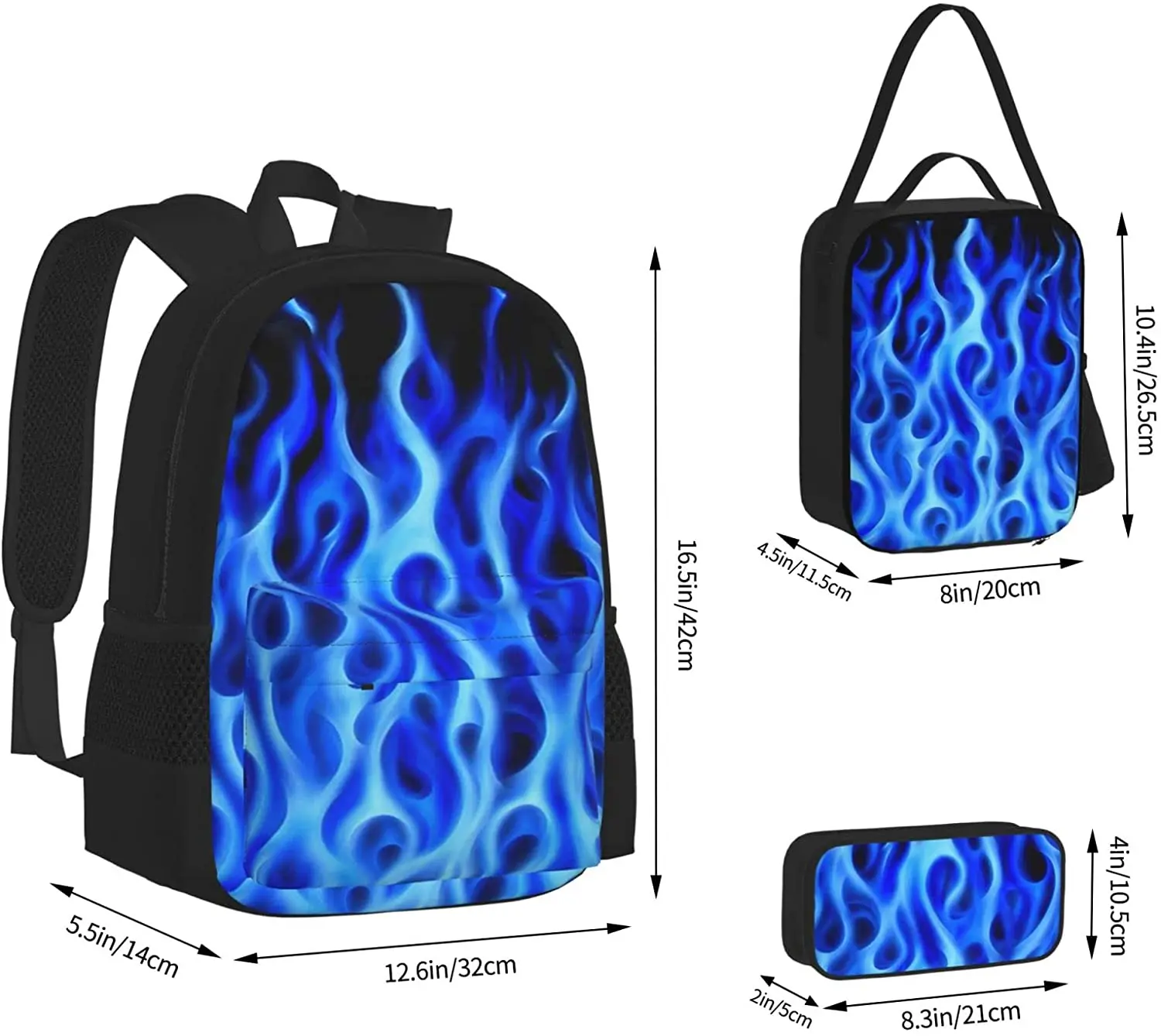 Blue Flame Fire Patriotic Premium Schoolbag Travel Bag Casual Daypack Lunch Bag Pencil Case for Boys Teens Girls 3pcs Sets