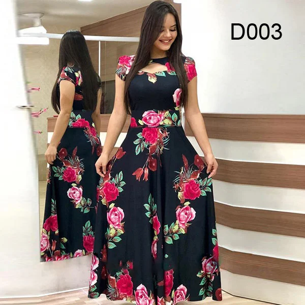 

Woen Short Sleeve Hollow Out O-neck Long Dress Suer Floral Printed High Waist Elastic Boho Robe axi Vestidos