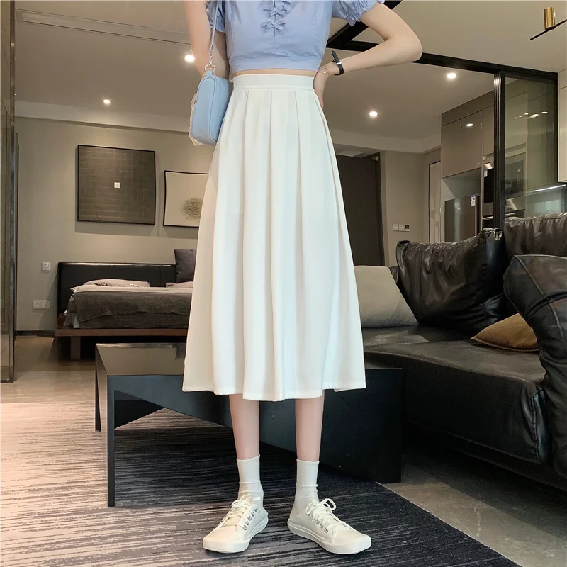 

Largas Mujer Solid Harajuku High Waist A Line Elegant Midi Faldas Ladies Chic Korean Style Maxi Long Folds Office Lady Ins Skirt