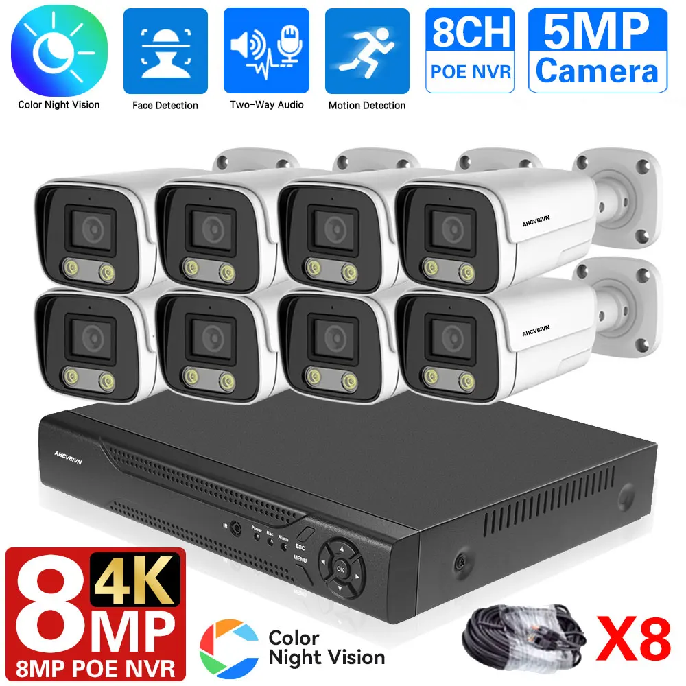 

8Ch 4K 5MP 8MP Cctv Security POE Cameras System Home Video Surveillance Kit Outdoor Ip Camera Color Night Humanoid Detection Set