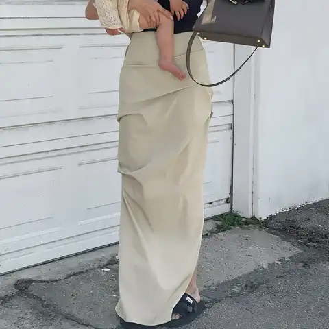 Women's Tight Skirt Y2K Elegant Solid Color Pleated Simple Streetwear Fashion Khaki Slit Ladies Slim Long Skirt