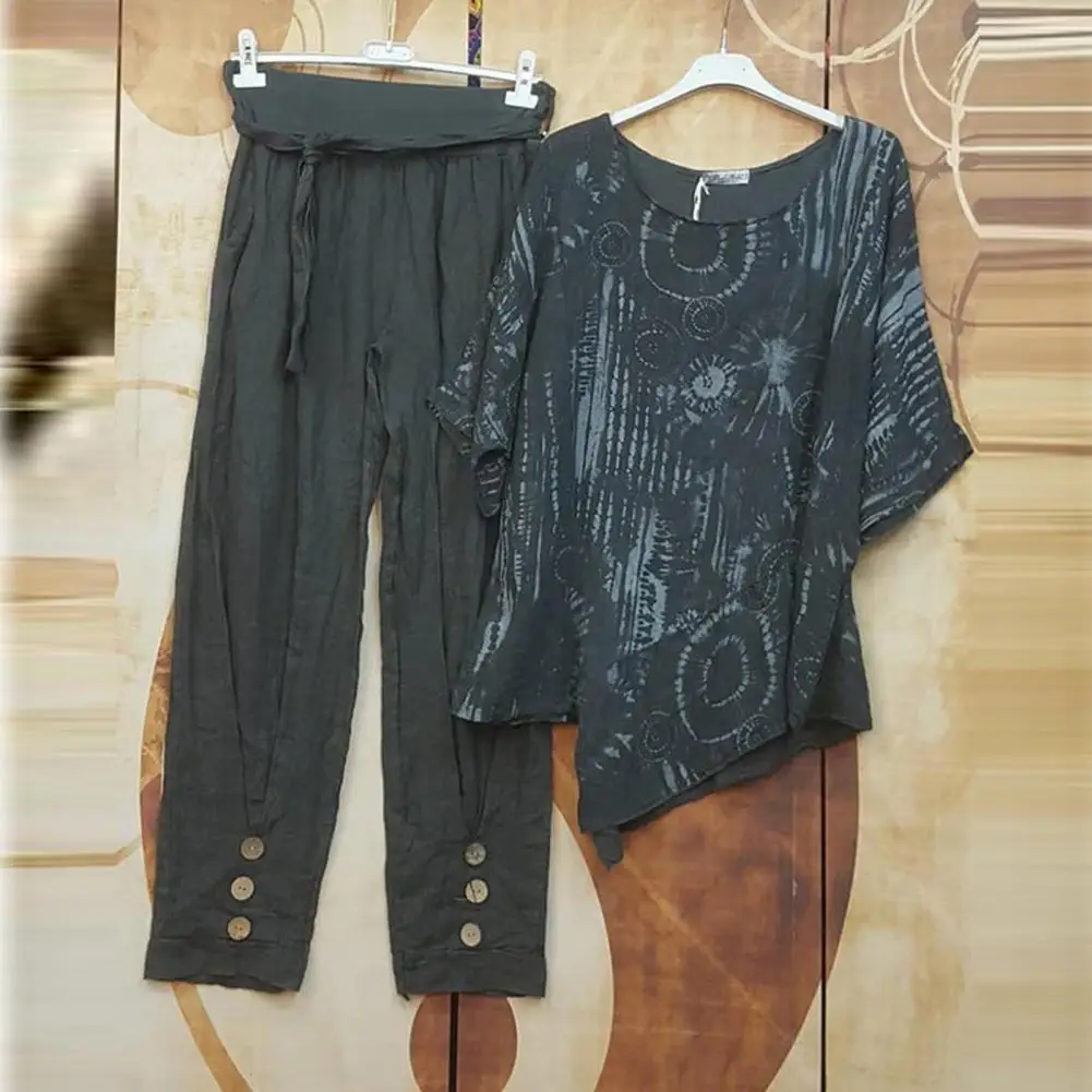 

Summer Women O Neck Half Sleeve Top Trousers Suit Fashion Printed Casual Lace Up Tracksuit Suit ensemble femme 2 pièces été