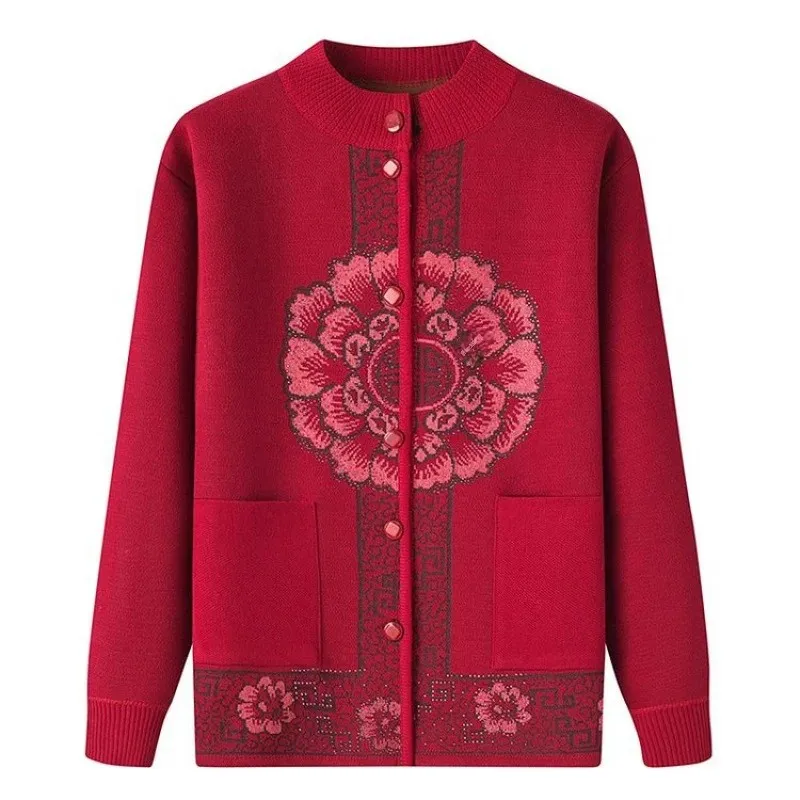 Женский зимний Кардиган среднего и пожилого возраста вязаный утепленный свитер