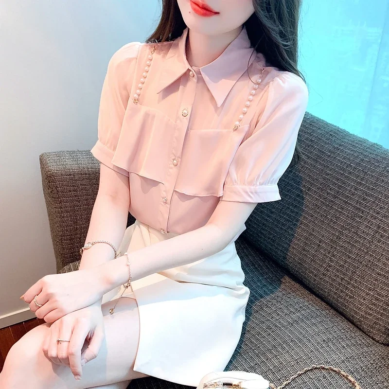 Женская шифоновая блуза с коротким рукавом отложным воротником и бисером