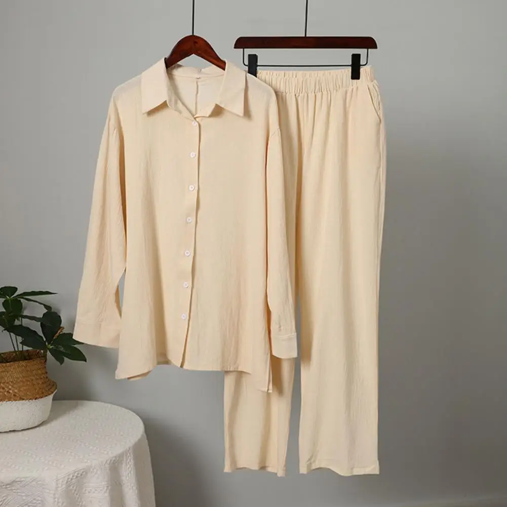 

2 Pcs/Set Women Shirt Pant Set Single-breasted Elastic Waist Wide Leg Outfit Solid Color Long Sleeve Pleated Blouse Trousers Set