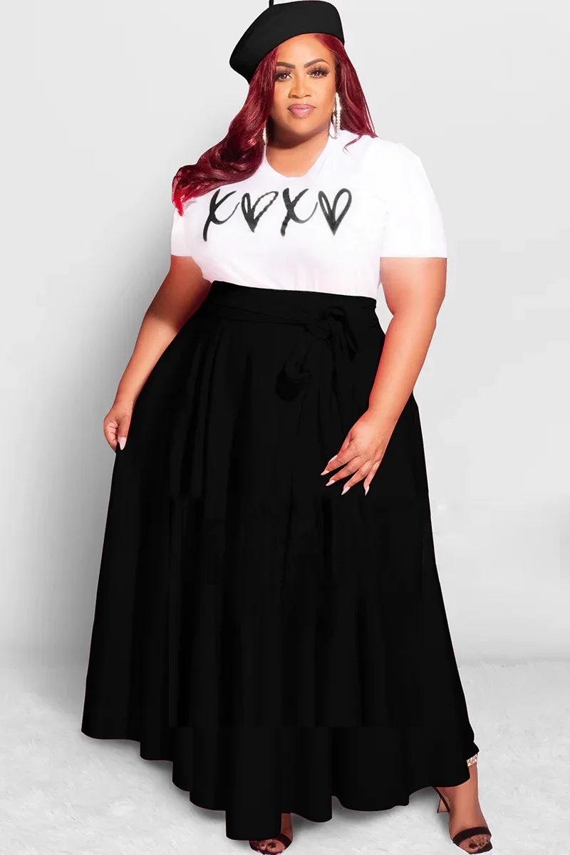 Plus Size New Women's Dress High Waist Lace-up Pocket A-line Skirt Letter Print Long Dress Loose Casual Female Clothes Robe