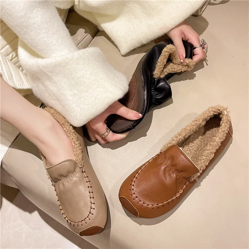 

Туфли женские на меху, повседневные универсальные лоферы, без застежки, круглый носок, без застежки, Мокасины, без застежки, для вождения, ПУ, резиновые, без застежки