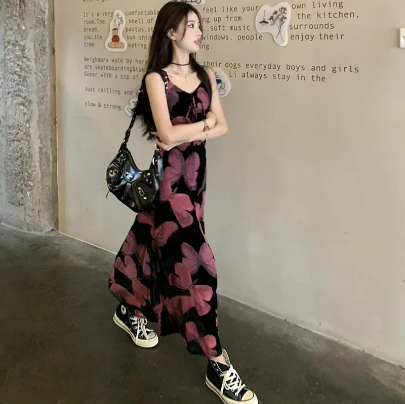 Vintage French Tie-Dye Butterfly Tank Dress Women's Clothing Summer Sweet Spicy Girl Waist-Fitted Elegant Wrap Around Short Skir