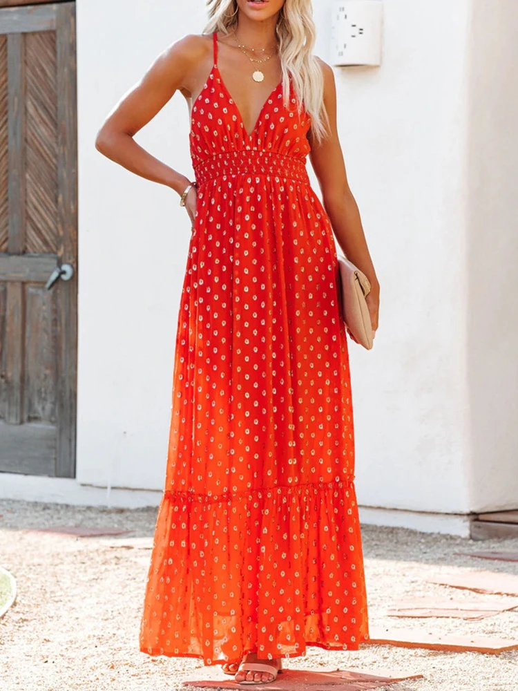 

Women Vintage Polka Dot Print Dress Elegant Sleeveless Backless Crossover Dress Street Summer Sexy V Neck Sling Long Party Dress