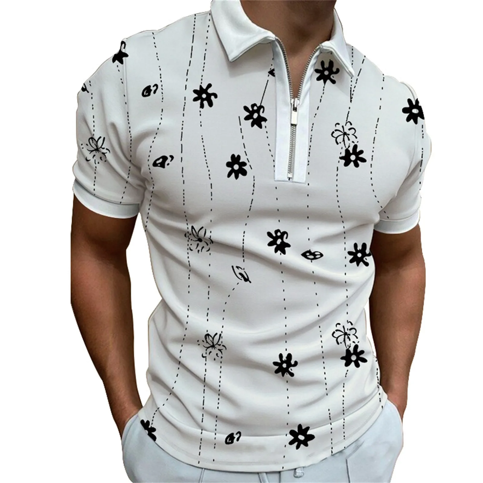 

2023 New Men's Zipper Digital Printed Striped Short Sleeved Lapel T Shirt Sportswear Tees