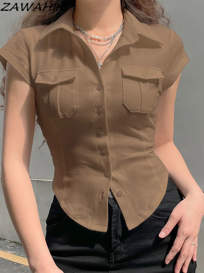 

2022 Летняя женская рубашка на пуговицах, короткий топ Pakcet, винтажные повседневные облегающие рубашки Y2K, футболка с отложным воротником, Мила...