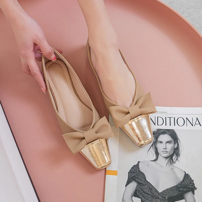 Size 34-42 Women Almond Shaped Toe Leather Flats Pumps Shoes Designer Style Party Wedding Gold Bowknot Office Lady Slip on L12