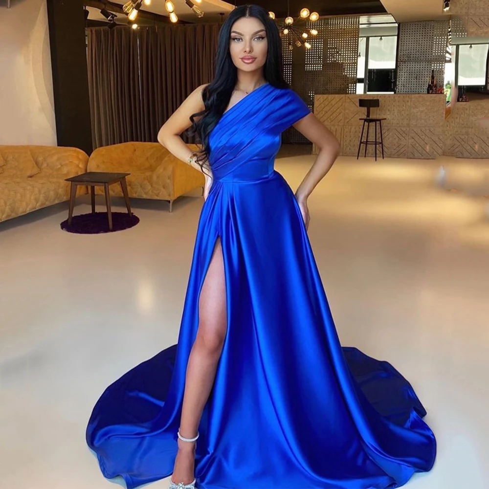 

Sexy Prom Dresses One Shoulder Split Evening Dress 2022 Saudi Arabia Pleat Floor Length Party Gowns Robe De Soiree