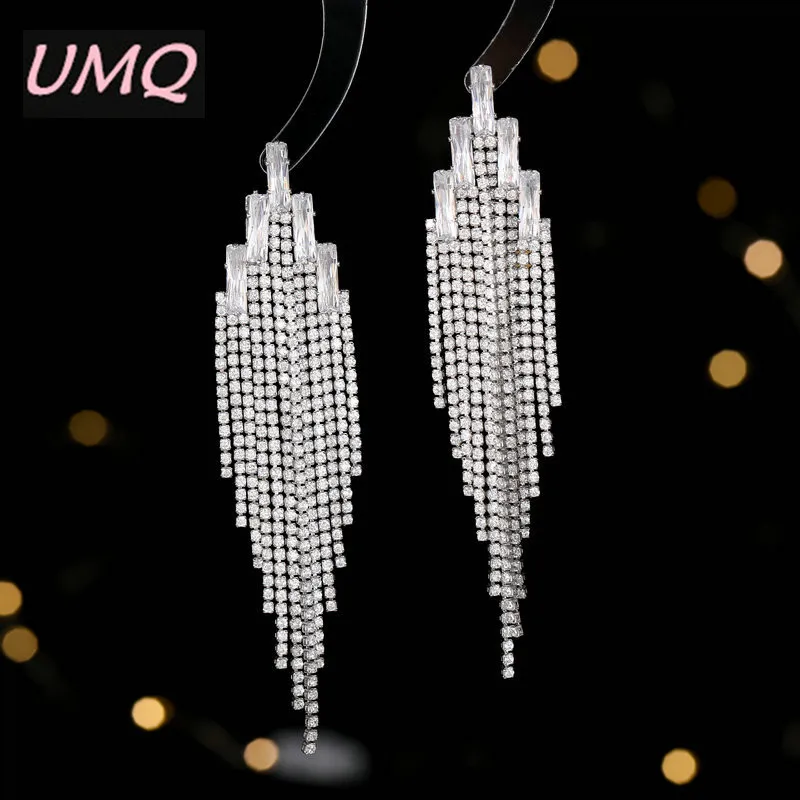 

UMQ Luxury Long Drop Earrings for Women Brides Wedding Tassel Tennis Cubic Zirconia Gold S925 Silver Needle Jewelry Accessorie