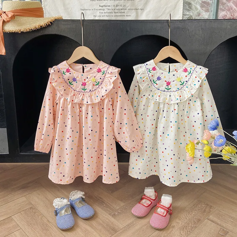 

Детская одежда из Южной Кореи, платье для девочек с цветной волнистой вышивкой в горошек, осень 2023, детская юбка с оборками и длинным рукавом