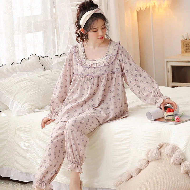 

Yasuk Spring Autuum Fashion Women's Casual Lace Square Collar Sleepwear Homewear Lovely Sweet Pajamas With Pants Soft Flower