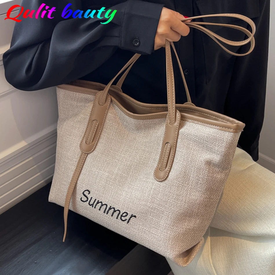 

Top Quality Linen Woven Women's Shoulder Bag Panelled PU Leather Large Capacity Fashion Tote Luxury Designer Trend Shoulder Bags