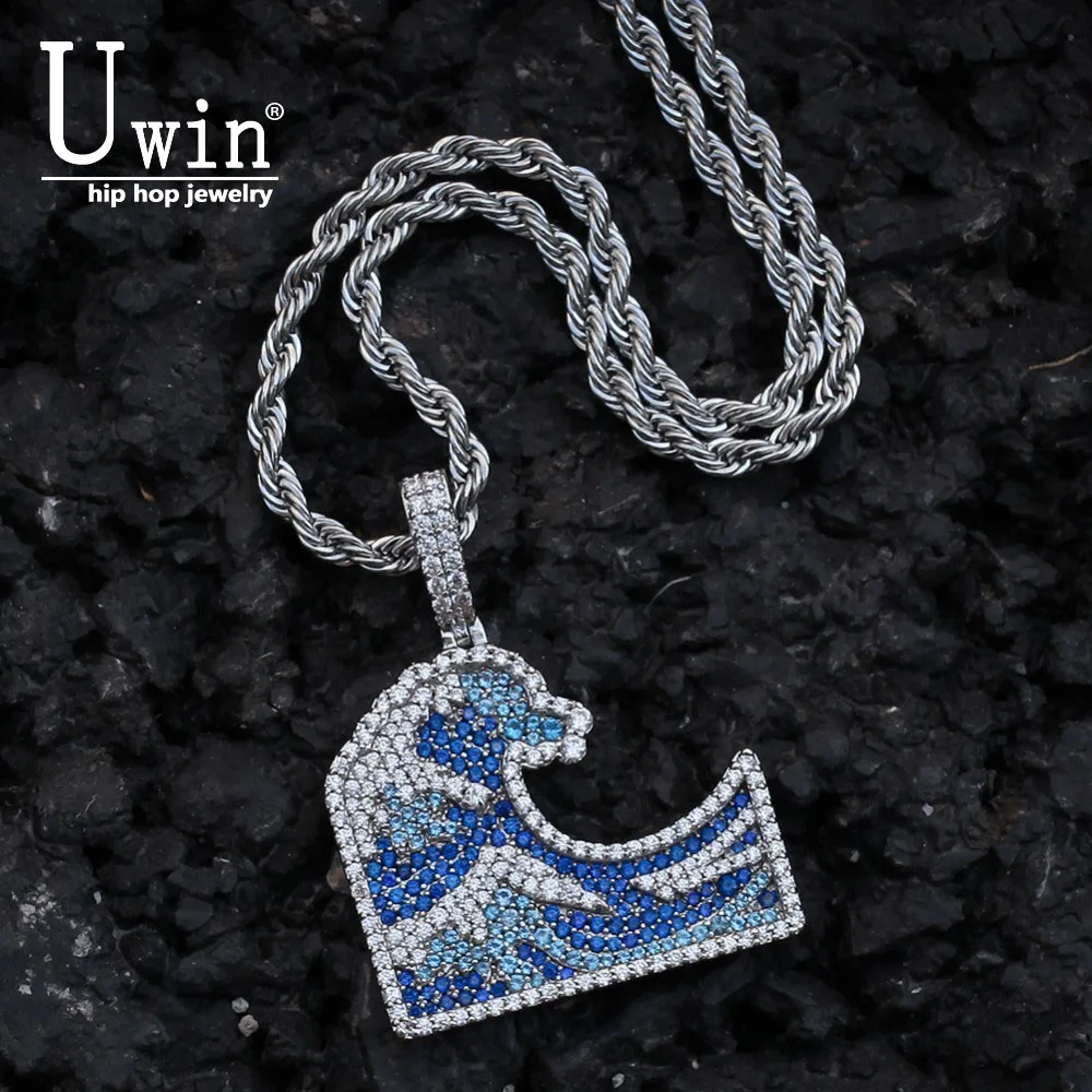 

UWIN Sea Wave Cz Pendant Fashion Hiphop Jewelry Bule Stone Full Iced Out Bling Micro Paved Copper Material Necklace Chain