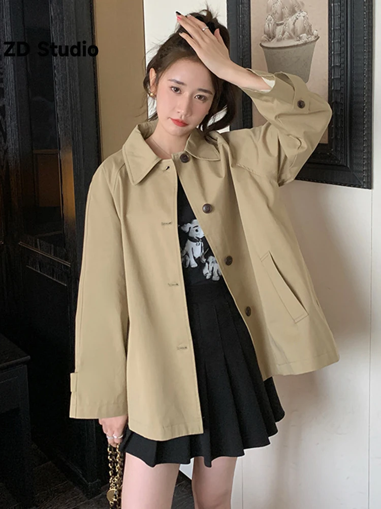 

[ZD Studio] Korean Trench Coat For Women Lapel Single Breasted Long Sleeves Spliced Coats Casual Clothing 2023 Autumn New
