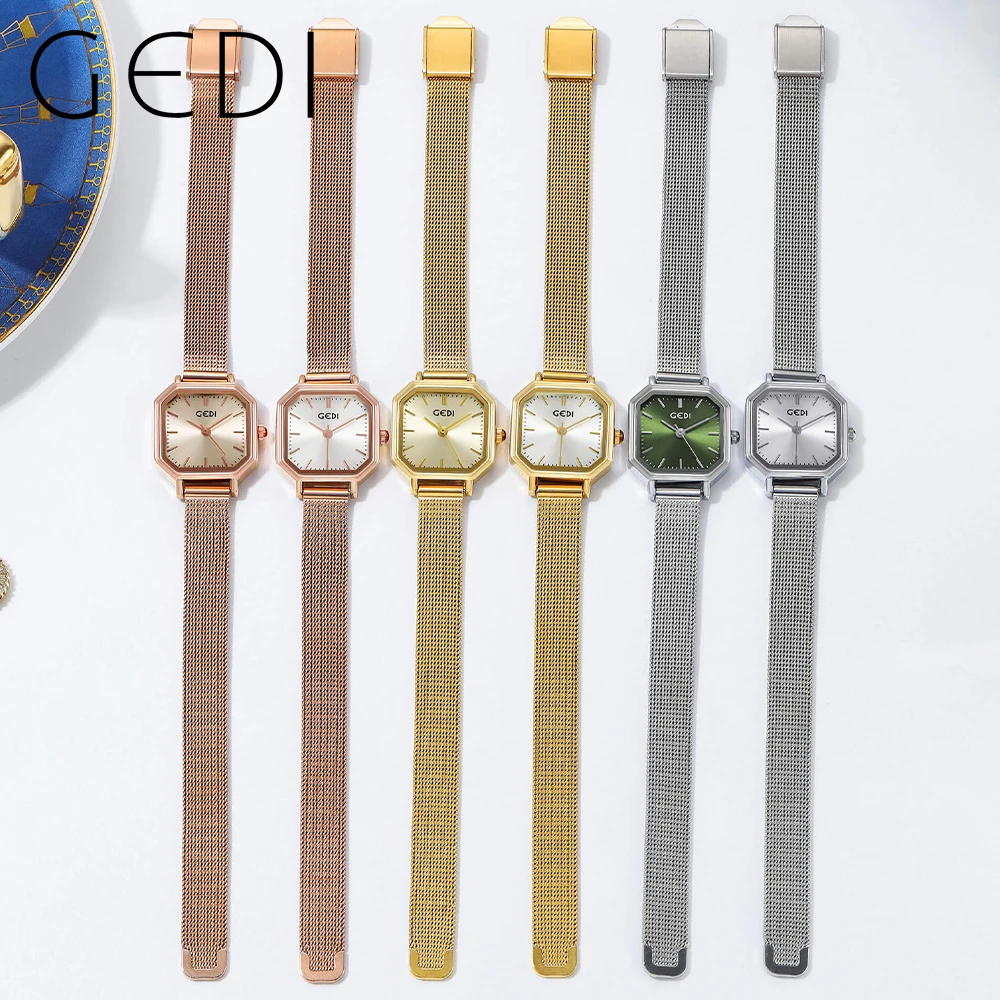 GEDI Ultra-thin Silver Women Square Watches Luxury Brand Milanese Strap Waterproof Fashion Ladies Quartz Wristwatches Clock Gift