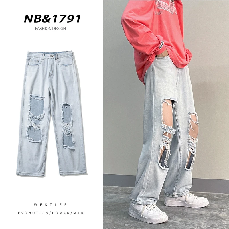 Spring/Summer Men's Big Ripped Blue Jeans Korean Fashion Streetwear Denim Straight Ankle-Length Pants Male Brand