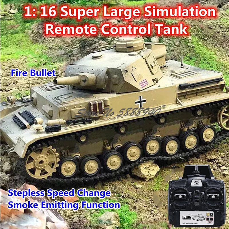 

1:16 Large Metal IV Simulation Smoke Sound Remote Control Tank Fire Bullet 360° Rotate Barrel Lift Omnidirectional Walk RC Tank